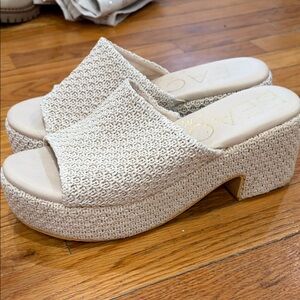 Beige Woven Platform Mules